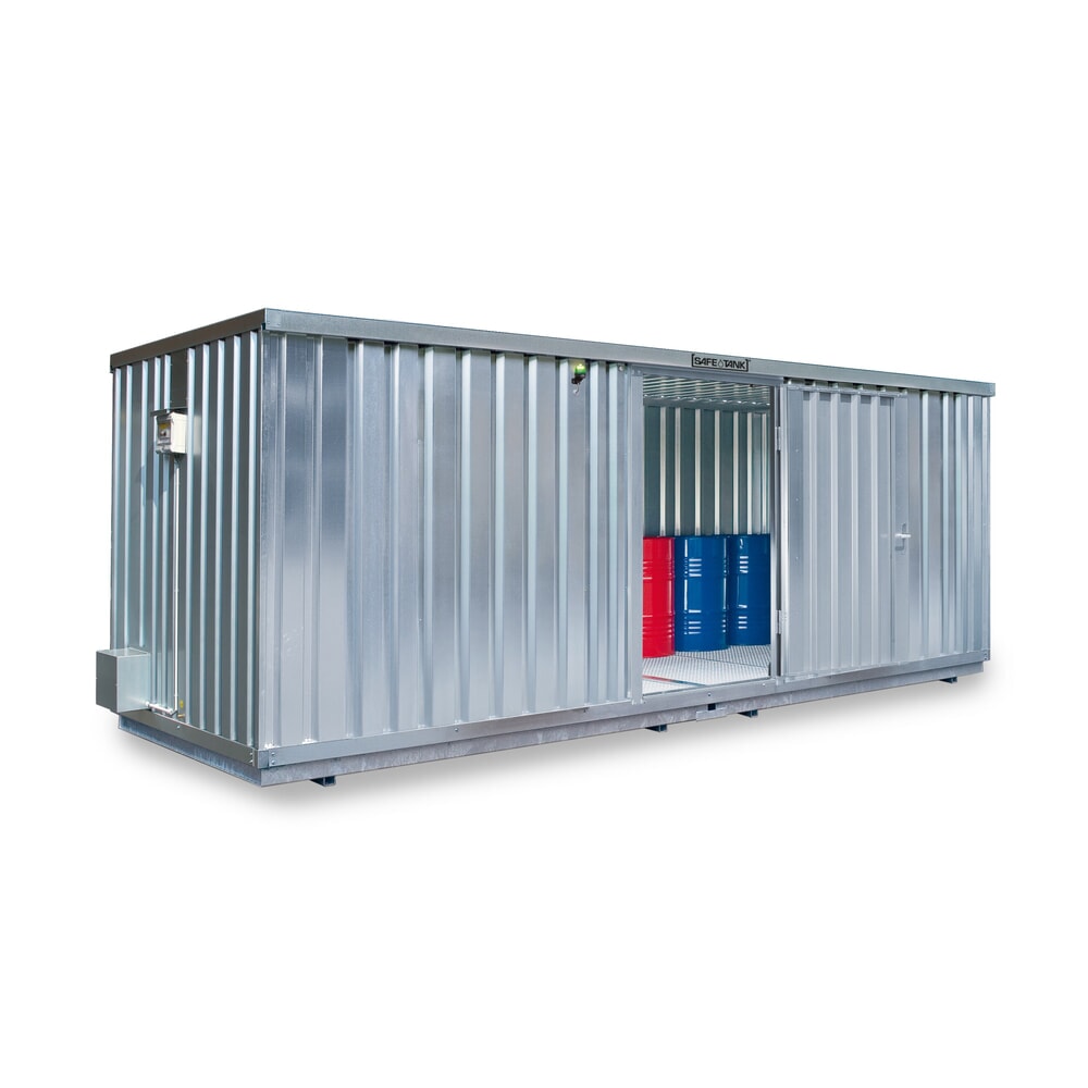 Produktabbildung: SAFE Tank Gefahrstoffcontainer 3000 ECO, energieeffizient durch bedarfsgerechte Lüftersteuerung, Masse aussen 3350x6520x2310 mm, Doppelflügeltür (asymmetrisch geteilt), mittig in der schmalen Seite, Lagerfläche 18 m²