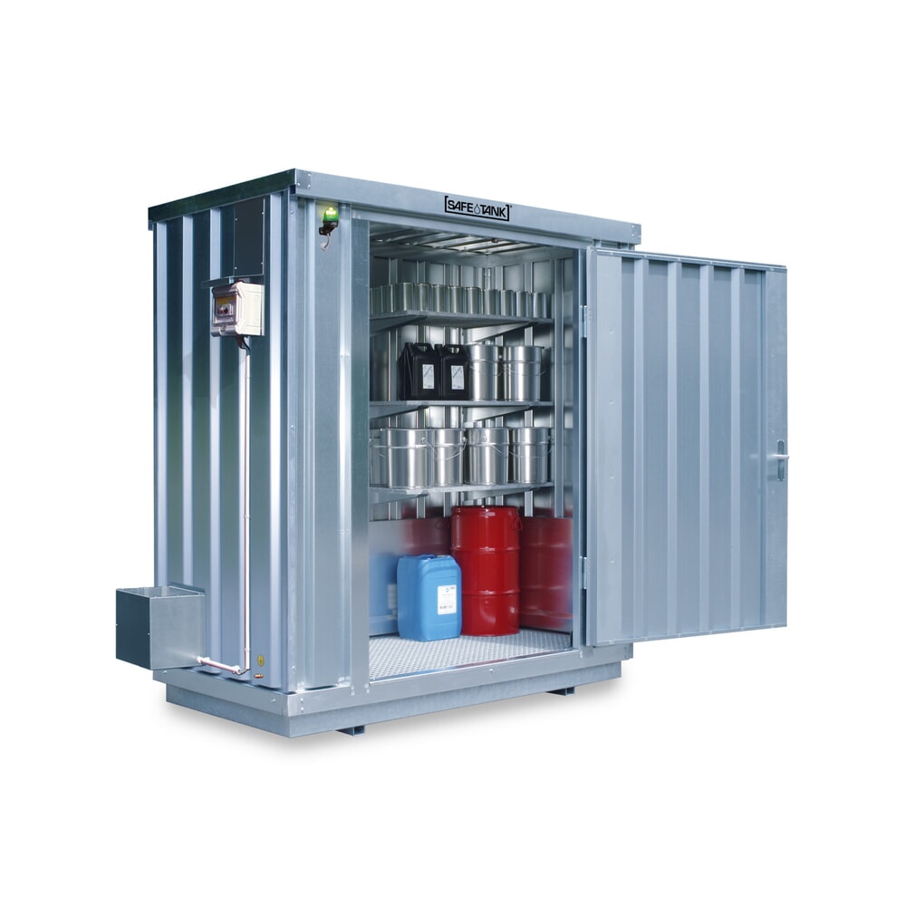Produktabbildung: SAFE Tank Gefahrstoffcontainer 300 ECO, energieeffizient durch bedarfsgerechte Lüftersteuerung, Masse aussen 2400x1440x2300 mm, Einzelflügeltür, mittig in Breitseite, Lagerfläche 2 m²