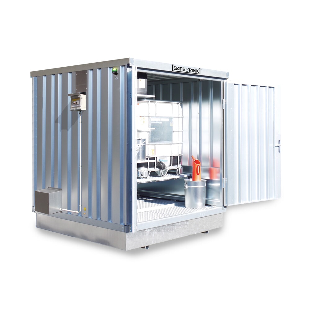 Produktabbildung: SAFE Tank Gefahrstoffcontainer 400 KTC ECO, energieeffizient durch bedarfsgerechte Lüftersteuerung, Masse aussen 2400x2170x2400 mm, Doppelflügeltür (asymmetrisch geteilt), mittig in der schmalen Seite, Lagerfläche 4 m²