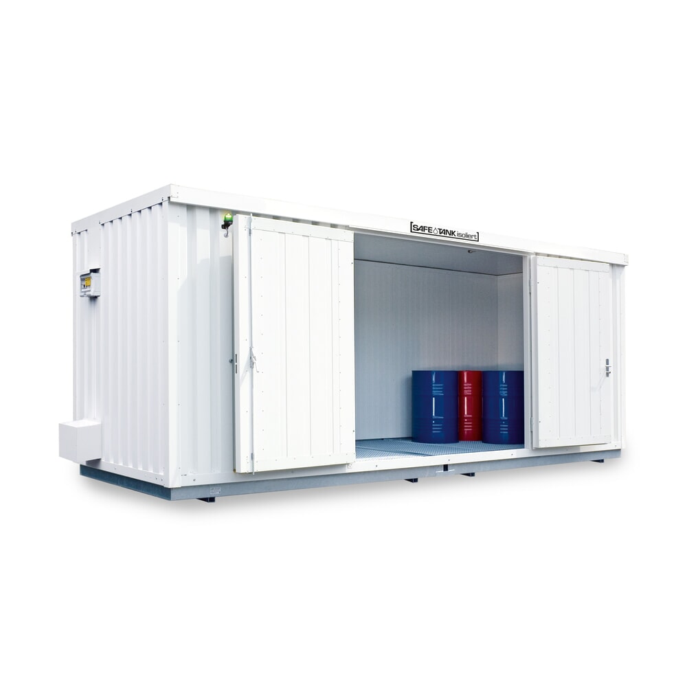Produktabbildung: SAFE Tank Gefahrstoffcontainer 4000 ECO, isoliert, energieeffizient durch bedarfsgerechte Lüftersteuerung, Masse aussen 5380x4340x2520 mm, Doppelflügeltür (symmetrische Teilung), mittig in Breitseite, Lagerfläche 21 m²