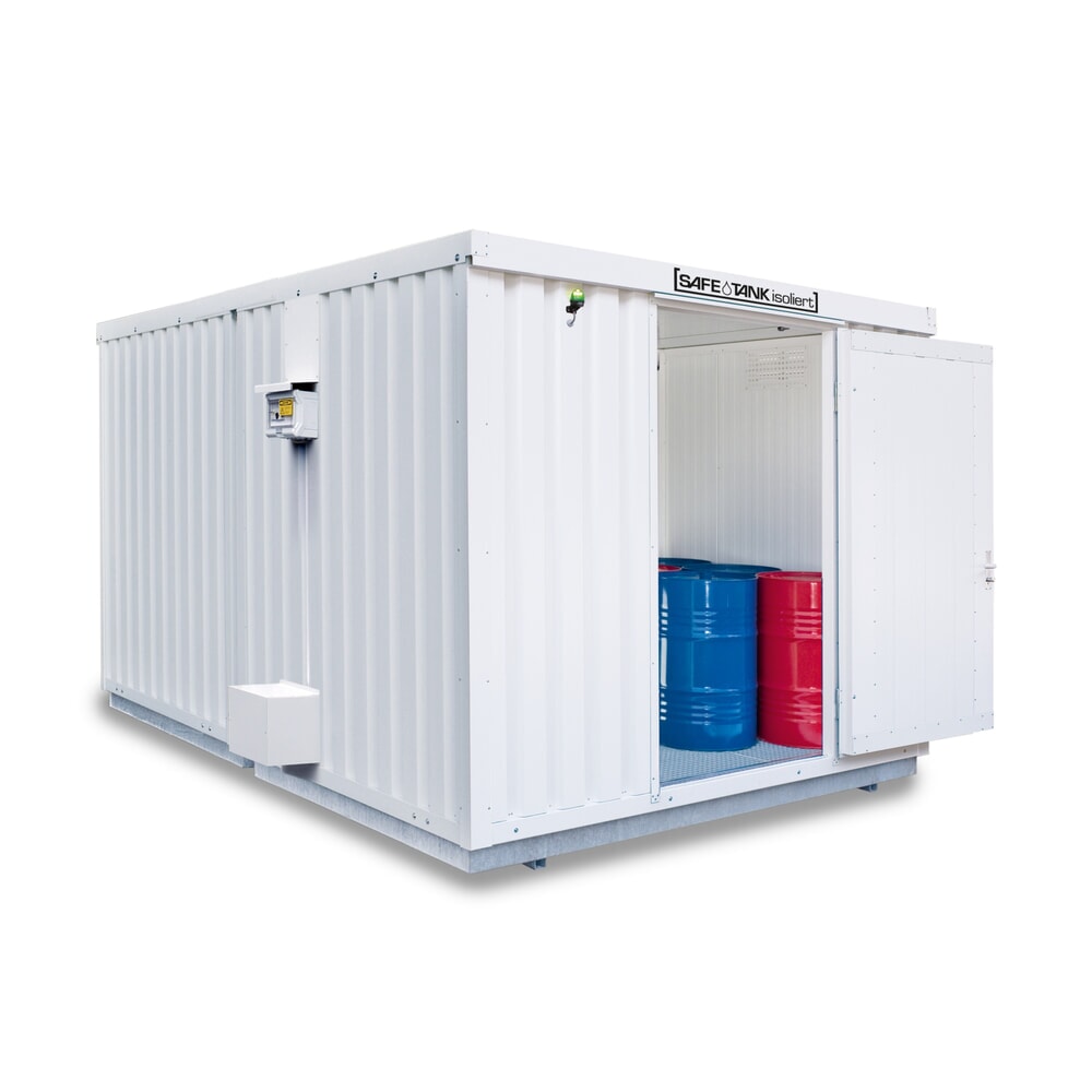 Produktabbildung: SAFE Tank Gefahrstoffcontainer 300 ECO, isoliert, energieeffizient durch bedarfsgerechte Lüftersteuerung, Masse aussen 2100x1440x2520 mm, Einzelflügeltür, mittig in Breitseite, Lagerfläche 2 m²