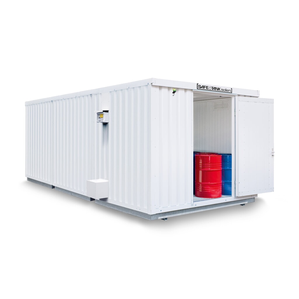 Produktabbildung: SAFE Tank Gefahrstoffcontainer 3000 ECO, isoliert, energieeffizient durch bedarfsgerechte Lüftersteuerung, Masse aussen 3350x6520x2560 mm, Einzelflügeltür, seitlich in 6 m  Seite, Lagerfläche 19 m²