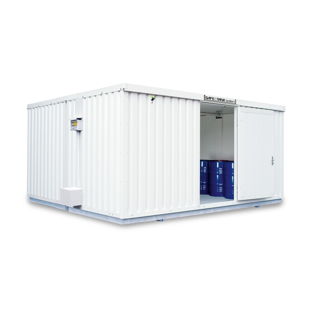 Produktabbildung: SAFE Tank Gefahrstoffcontainer 4000 ECO, isoliert, energieeffizient durch bedarfsgerechte Lüftersteuerung, Masse aussen 5380x4340x2520 mm, Einzelflügeltür, mittig in 4 m Seite, Lagerfläche 21 m²