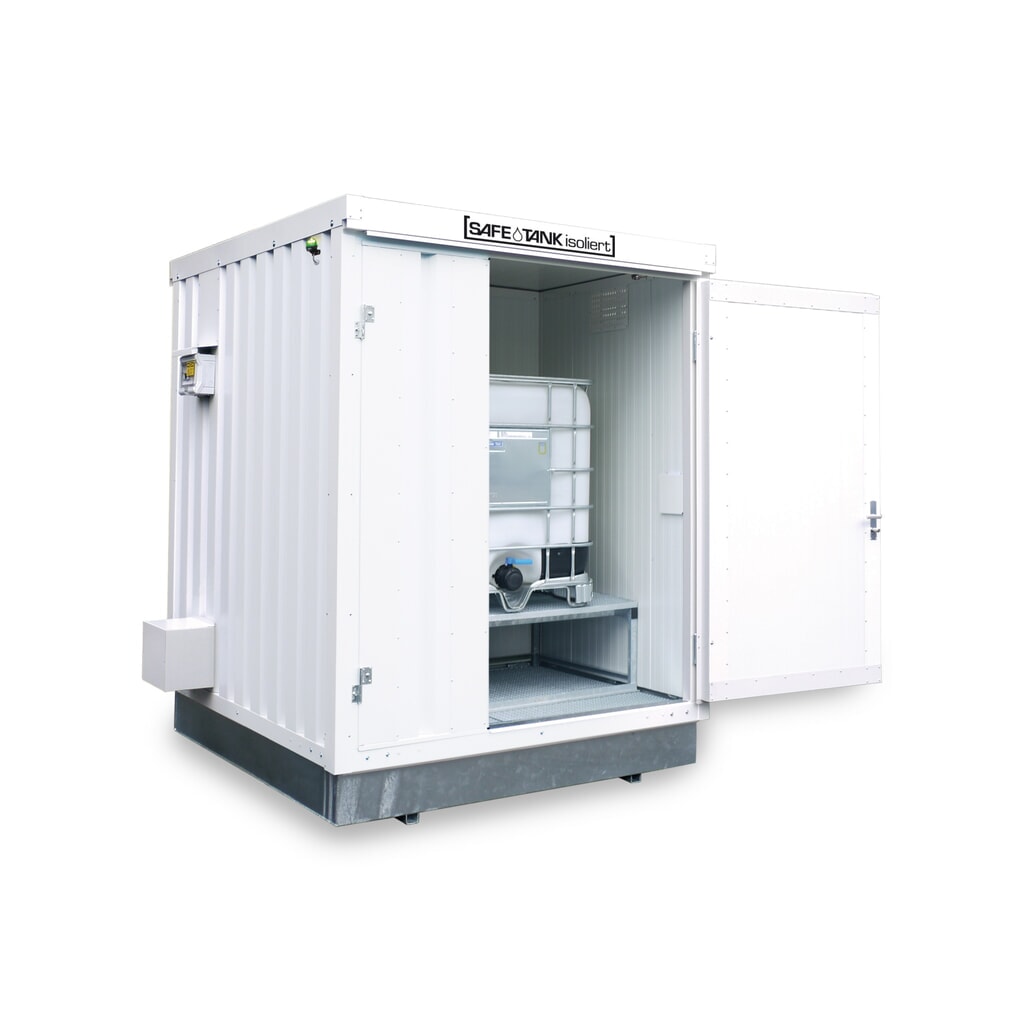 Produktabbildung: SAFE Tank Gefahrstoffcontainer 400 KTC ECO, isoliert, energieeffizient durch bedarfsgerechte Lüftersteuerung, Masse aussen 2400x2170x2650 mm, Einzelflügeltür, mittig in Breitseite, Lagerfläche 4 m²