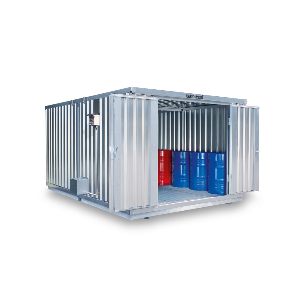 Produktabbildung: SAFE Tank Gefahrstoffcontainer Kombination 4000 ALG, verzinkt, vormontiert, Masse aussen 5380x4340x2300 mm, Einzelflügeltür, mittig in der langen Seite, Lagerfläche 21 m²