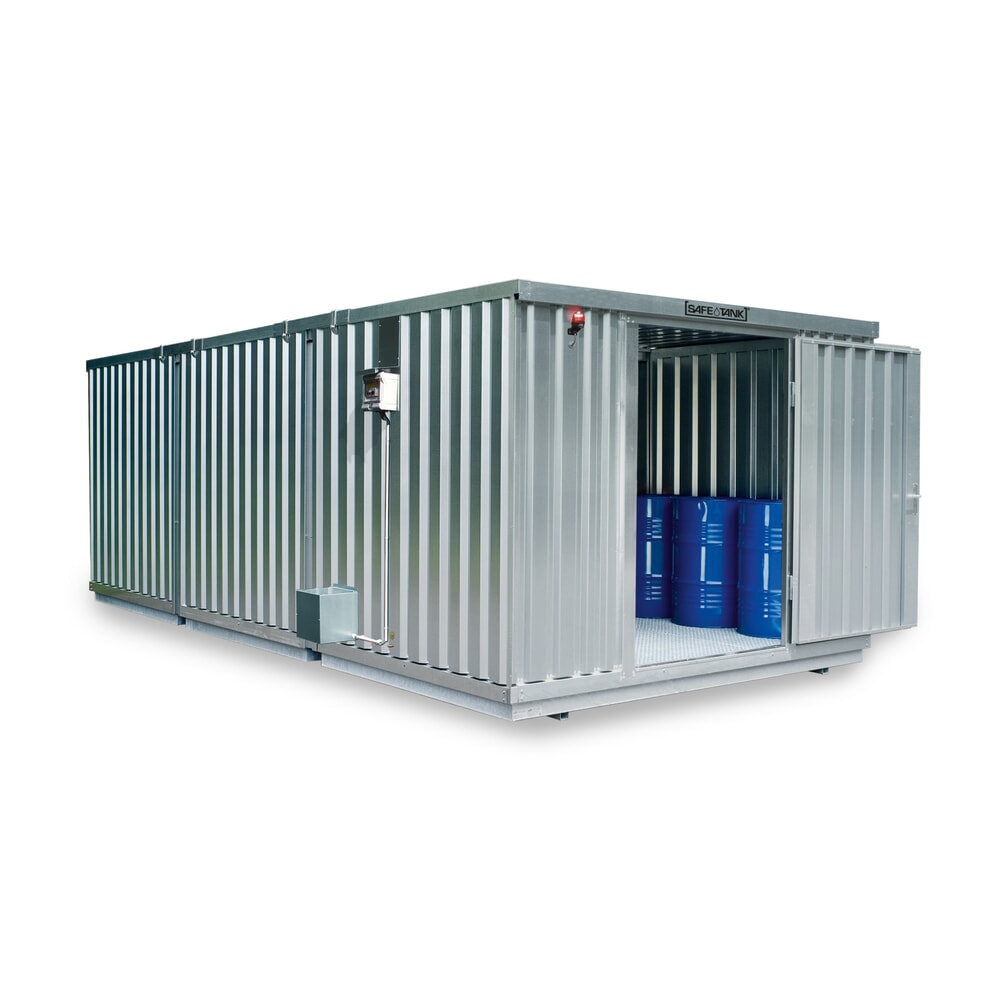 Produktabbildung: SAFE Tank Gefahrstoffcontainer Kombination 2000 ALG, verzinkt, vormontiert, Masse aussen 3350x4340x2300 mm, Einzelflügeltür, mittig im Modul, Lagerfläche 12 m²