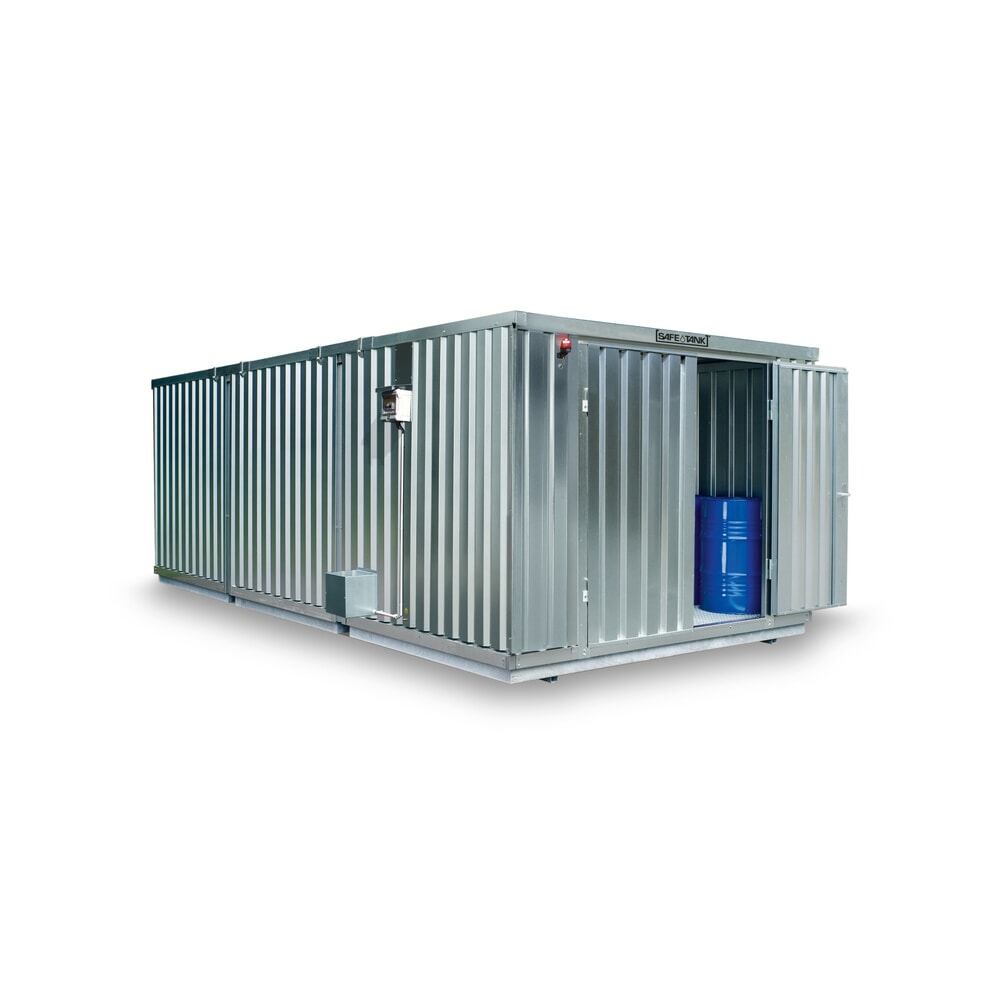 Produktabbildung: SAFE Tank Gefahrstoffcontainer Kombination 4000 ALG, verzinkt, vormontiert, Masse aussen 5380x4340x2300 mm, Doppelflügeltür, mittig in der langen Seite, Lagerfläche 21 m²