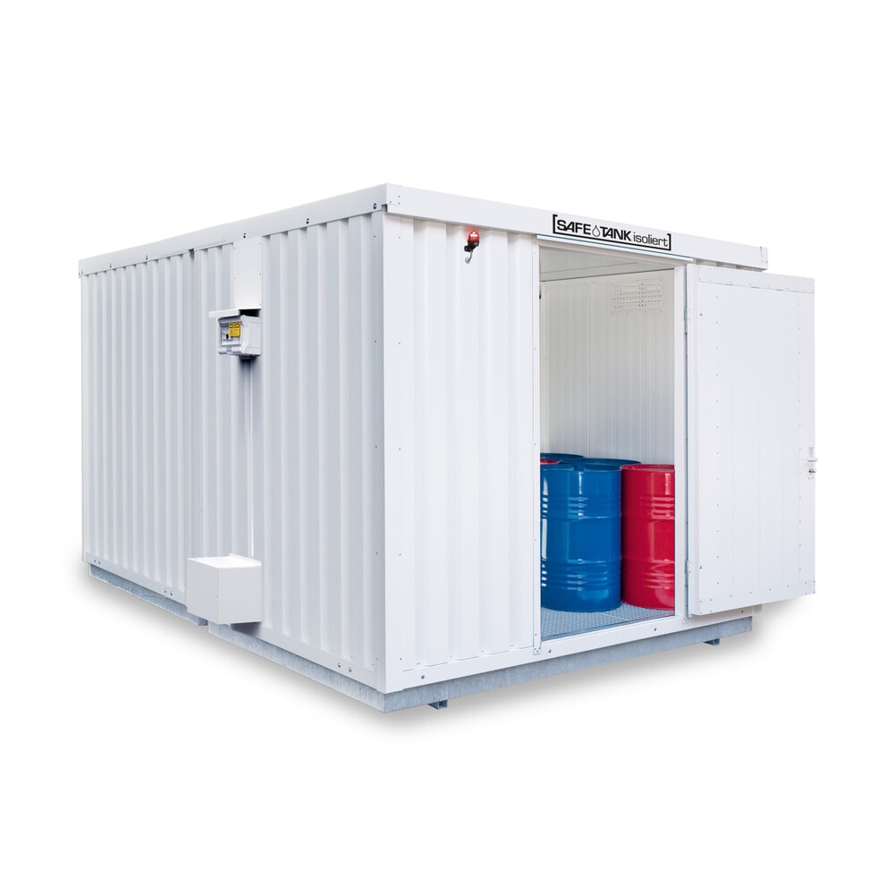 Produktabbildung: SAFE Tank Gefahrstoffcontainer Kombination 2000 ALG, isoliert, vormontiert, kunststoffbeschichtet RAL 9002, Masse aussen 3350x4340x2560 mm, Einzelflügeltür, mittig in Stirnseite, Lagerfläche 11 m²