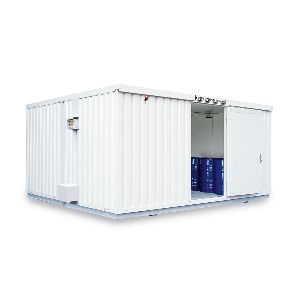 Produktabbildung: SAFE Tank Gefahrstoffcontainer Kombination 4000 ALG, isoliert, vormontiert, kunststoffbeschichtet RAL 9002, Masse aussen 5380x4340x2520 mm, Doppelflügeltür (asymmetrische Teilung), mittig in Breitseite, Zusatztür, Lagerfläche 20 m²