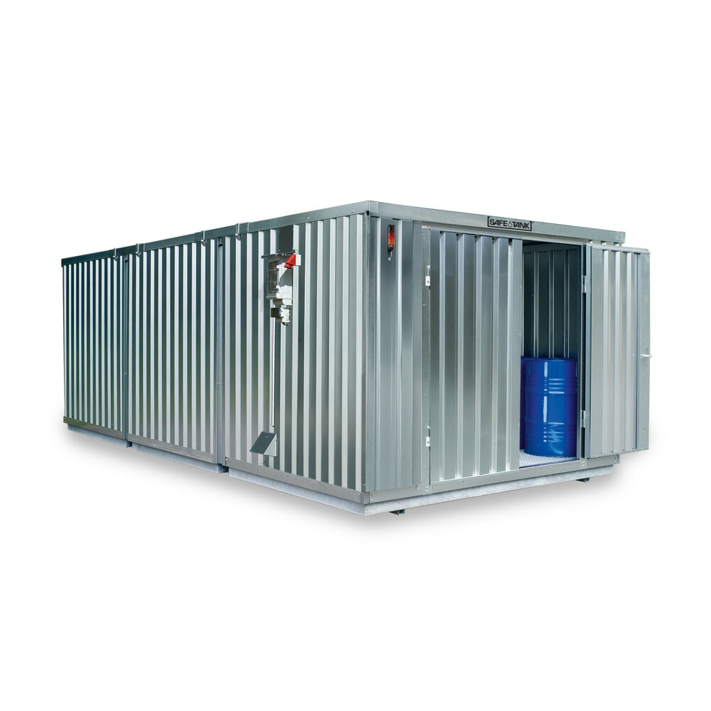 Produktabbildung: SAFE Tank Gefahrstoffcontainer 4000 CONTROL, automatisierte Explosionsschutzeinrichtung für höchste Energieeffizienz u. Sicherheit, Masse aussen 5380x4340x2300 mm, Doppelflügeltür, mittig in der langen Seite, Lagerfläche 21 m²
