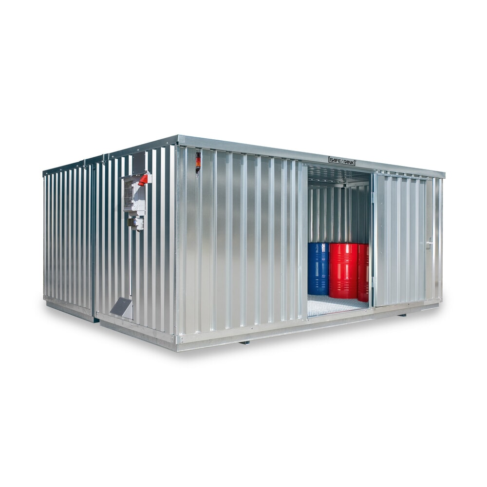 Produktabbildung: SAFE Tank Gefahrstoffcontainer 2000 CONTROL, automatisierte Explosionsschutzeinrichtung für höchste Energieeffizienz u. Sicherheit, Masse aussen 3350x4340x2310 mm, Einzelflügeltür, mittig in der kurzen Seite, Lagerfläche 12 m²