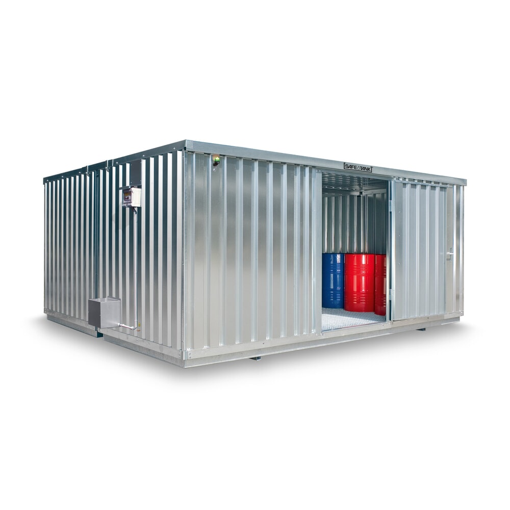 Produktabbildung: SAFE Tank Gefahrstoffcontainer Kombination 2000 ECO, energieeffizient durch bedarfsgerechte Lüftersteuerung, Masse aussen 3350x4340x2310 mm, Einzelflügeltür, mittig im Modul, Lagerfläche 12 m²
