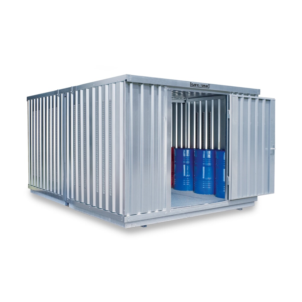 Produktabbildung: SAFE Tank Gefahrstoffcontainer Kombination 2000 PLG, verzinkt, vormontiert, Masse aussen 3050x4340x2310 mm, Einzelflügeltür, mittig in der kurzen Seite, Lagerfläche 12 m²