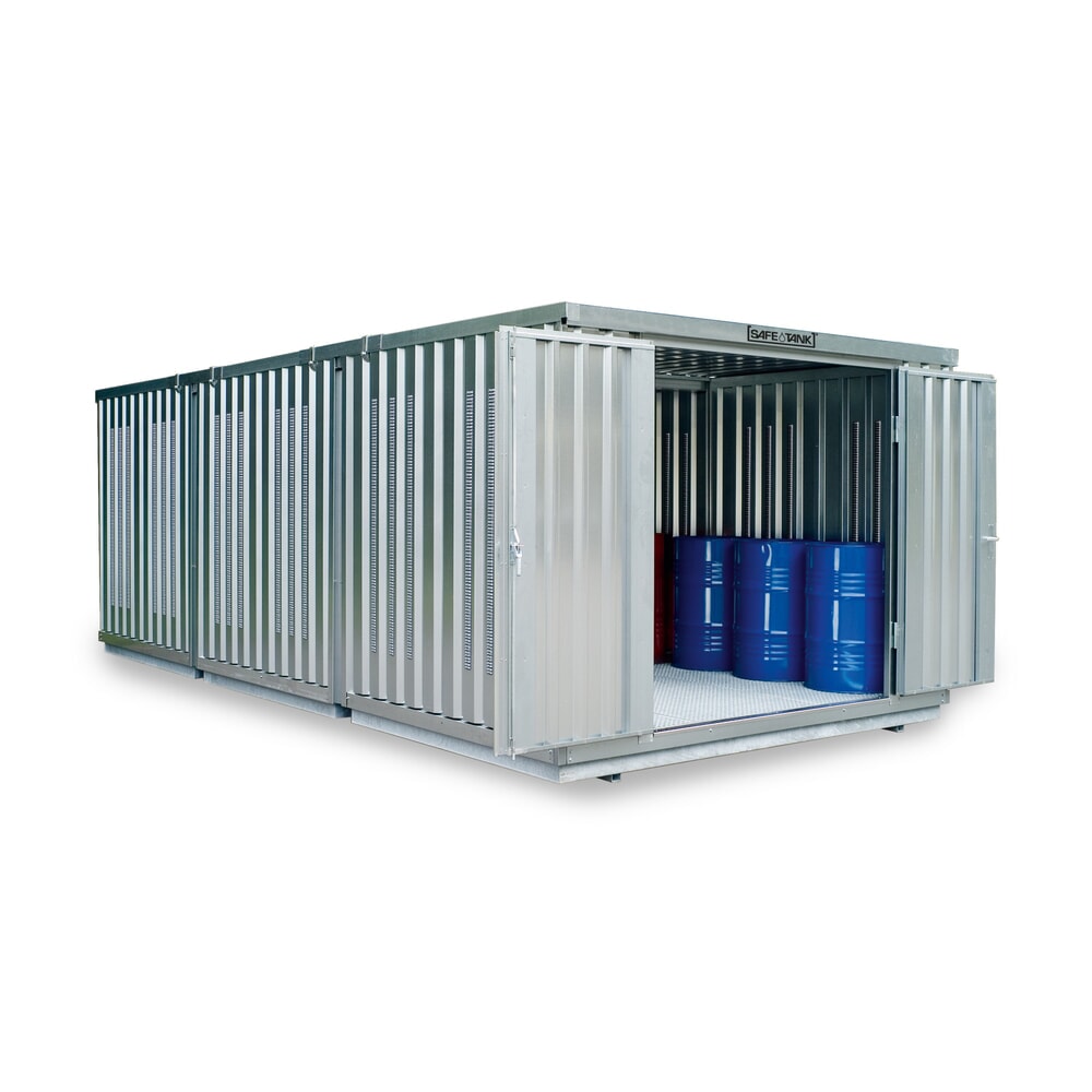 Produktabbildung: SAFE Tank Gefahrstoffcontainer Kombination 4000 PLG, verzinkt, vormontiert, Masse aussen 5080x4340x2300 mm, Doppelflügeltür (asymmetrische Teilung), mittig in der langen Seite, Zusatztür, Lagerfläche 21 m²