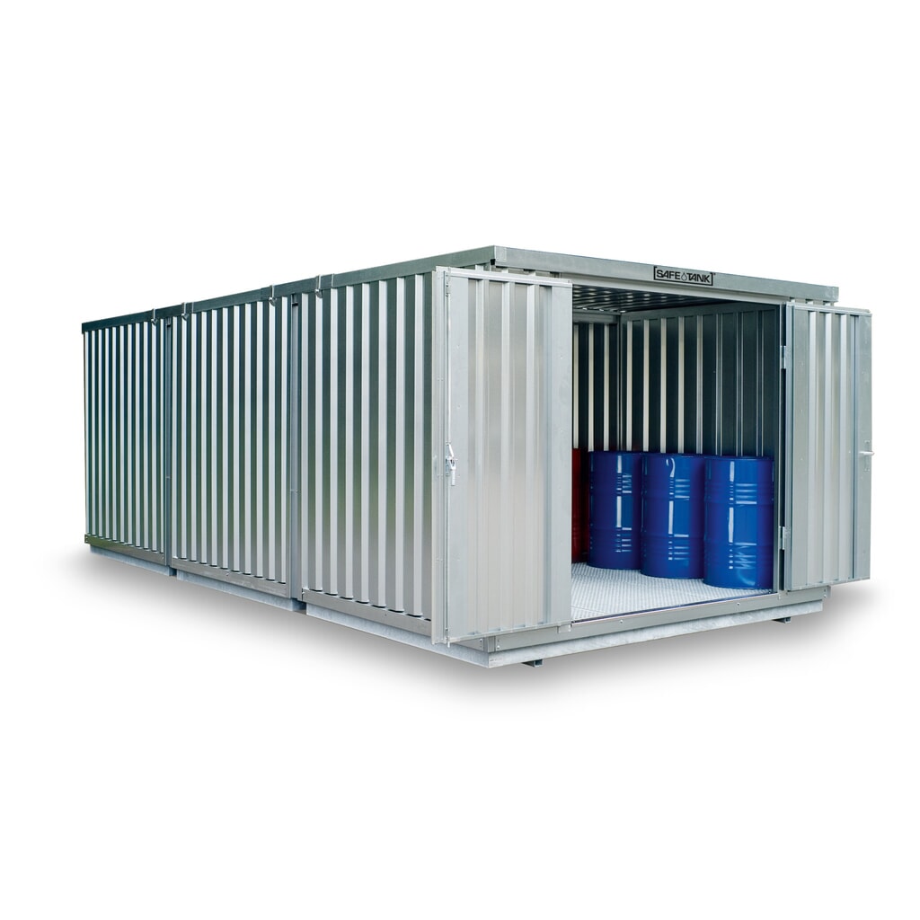 SAFE Tank Gefahrstoffcontainer Kombination 3000 WGK 1-3, verzinkt, vormontiert, Masse aussen 3050x6520x2310 mm, Doppelflügeltür (asymmetrische Teilung), mittig in der kurzen Seite, Zusatztür, Lagerfläche 19 m² Produktabbildung: SAFE Tank Gefahrstoffcontainer Kombination 3000 WGK 1-3, verzinkt, vormontiert, Masse aussen 3050x6520x2310 mm, Doppelflügeltür (asymmetrische Teilung), mittig in der kurzen Seite, Zusatztür, Lagerfläche 19 m²