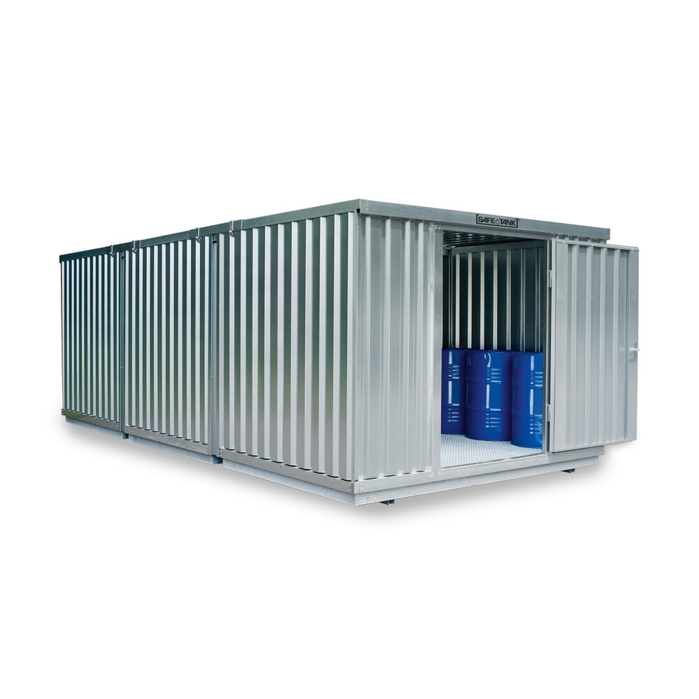 Produktabbildung: SAFE Tank Gefahrstoffcontainer Kombination 4000 WGK 1-3, verzinkt, vormontiert, Masse aussen 5080x4340x2300 mm, Doppelflügeltür (asymmetrische Teilung), mittig in der langen Seite, Lagerfläche 21 m²