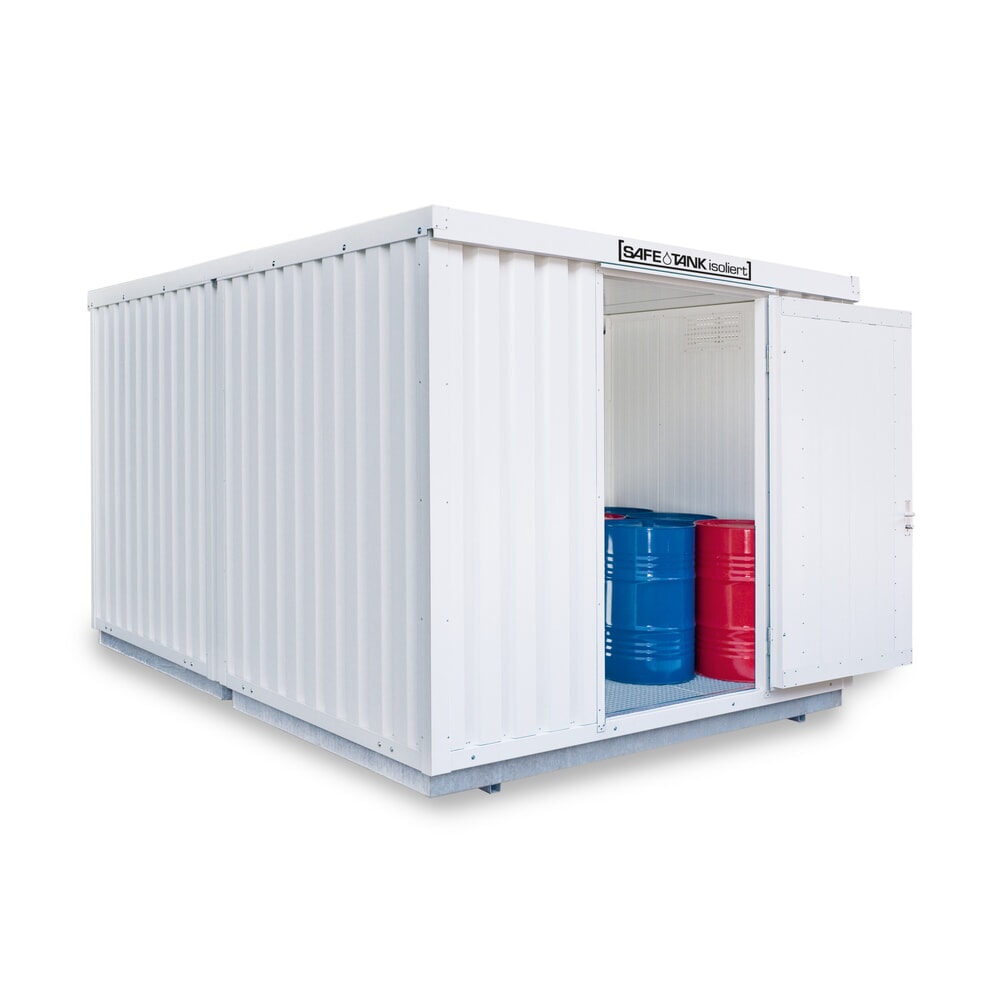 Produktabbildung: SAFE Tank Gefahrstoffcontainer Kombination 2000 WGK 1-3, isoliert, vormontiert, kunststoffbeschichtet RAL 9002, Masse aussen 3050x4340x2560 mm, Einzelflügeltür, mittig in Stirnseite, Lagerfläche 12 m²