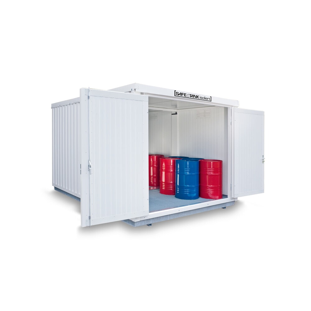 Produktabbildung: SAFE Tank Gefahrstoffcontainer Kombination 2500 WGK 1-3, isoliert, vormontiert, kunststoffbeschichtet RAL 9002, Masse aussen 4050x4340x2510 mm, Doppelflügeltür (asymmetrische Teilung), mittig in Stirnseite, Zusatztür, Lagerfläche 16 m²