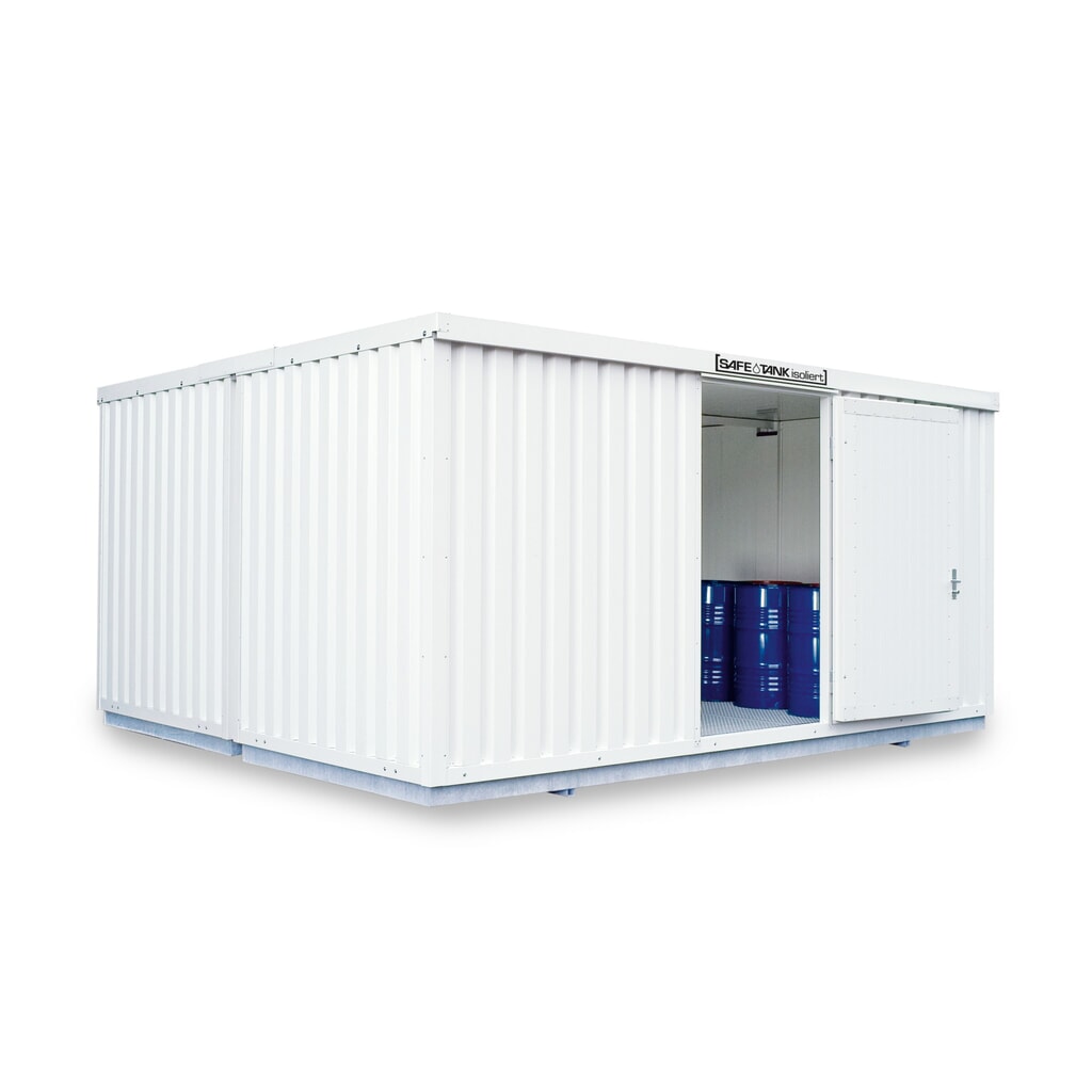 Produktabbildung: SAFE Tank Gefahrstoffcontainer Kombination 5000 WGK 1-3, isoliert, vormontiert, kunststoffbeschichtet RAL 9002, Masse aussen 5080x6520x2520 mm, Einzelflügeltür, mittig im Modul, Lagerfläche 30 m²