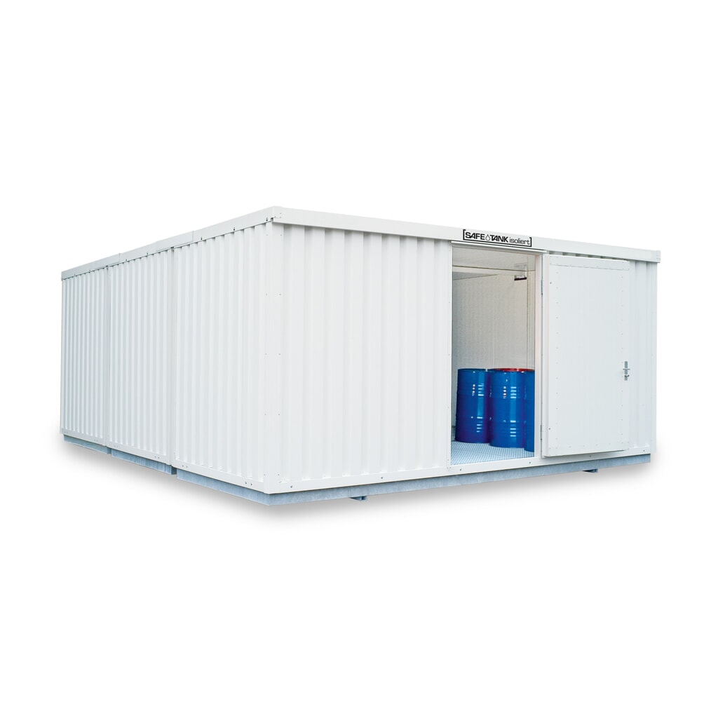 SAFE Tank Gefahrstoffcontainer Kombination 4000 WGK 1-3, isoliert, vormontiert, kunststoffbeschichtet RAL 9002, Masse aussen 5080x6520x2520 mm, Einzelflügeltür, mittig in Breitseite, Lagerfläche 30 m² Produktabbildung: SAFE Tank Gefahrstoffcontainer Kombination 4000 WGK 1-3, isoliert, vormontiert, kunststoffbeschichtet RAL 9002, Masse aussen 5080x6520x2520 mm, Einzelflügeltür, mittig in Breitseite, Lagerfläche 30 m²
