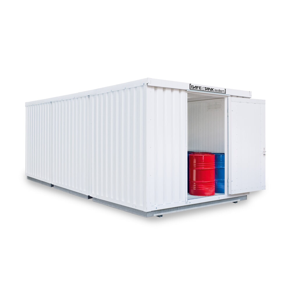 Produktabbildung: SAFE Tank Gefahrstoffcontainer Kombination 3500 WGK 1-3, isoliert, vormontiert, kunststoffbeschichtet RAL 9002, Masse aussen 4050x6510x2520 mm, Einzelflügeltür, seitlich in 2m  Seite , Lagerfläche 24 m²
