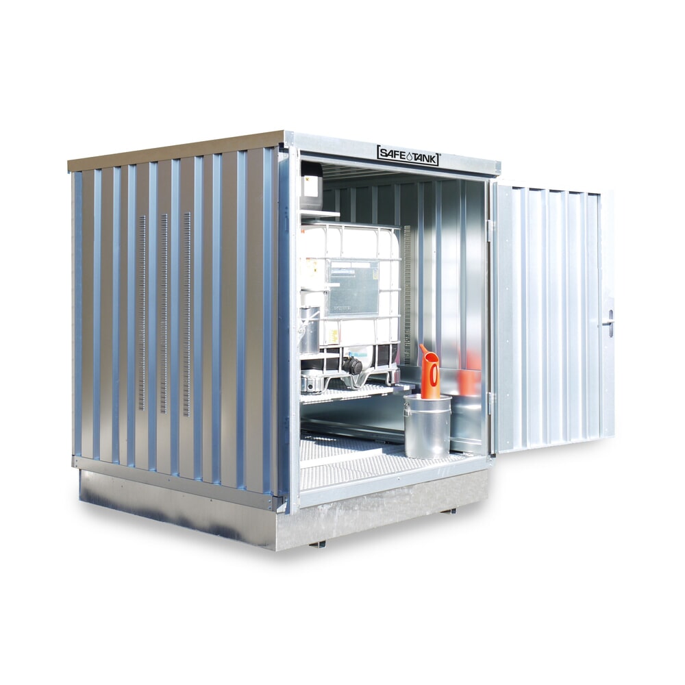 Produktabbildung: SAFE Tank Gefahrstoffcontainer 300 PLG, Aussenaufstellung, verzinkt, montiert, Masse aussen 2100x1140x2300 mm, Doppelflügeltür (asymmetrische Teilung), mittig in der breiten Seite, Lagerfläche 2 m²