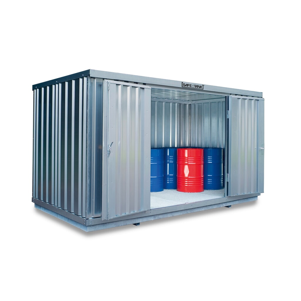 Produktabbildung: SAFE Tank Gefahrstoffcontainer 1000 WGK, verzinkt, montiert, Innen- und Aussenaufstellung, Masse aussen 3050x2170x2350 mm, Einzelflügeltür, mittig in 2 m Seite, Lagerfläche 6 m²