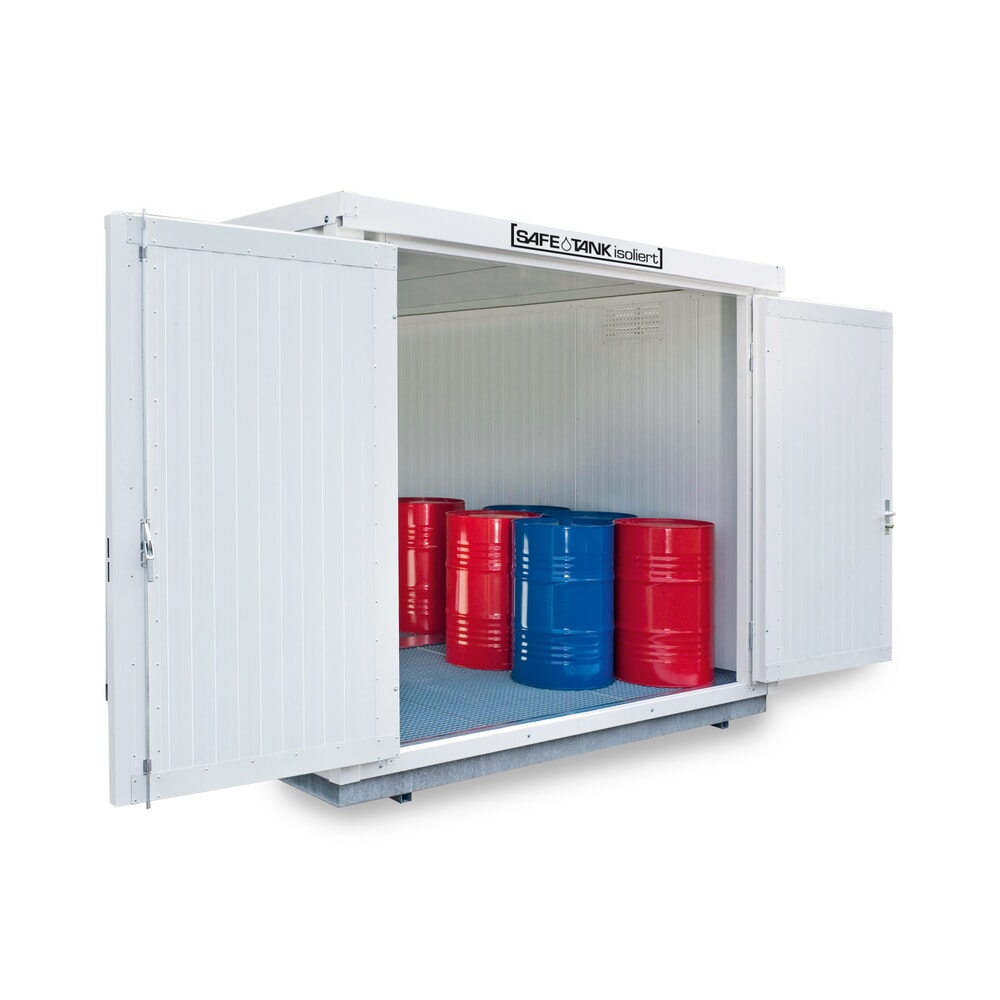 Produktabbildung: SAFE Tank Gefahrstoffcontainer 1000 KTC WGK, isoliert, montiert, kunststoffbeschichtet RAL9002, Masse aussen 3050x2170x2560 mm, Doppelflügeltür, mittig in Breitseite, Lagerfläche 5 m²