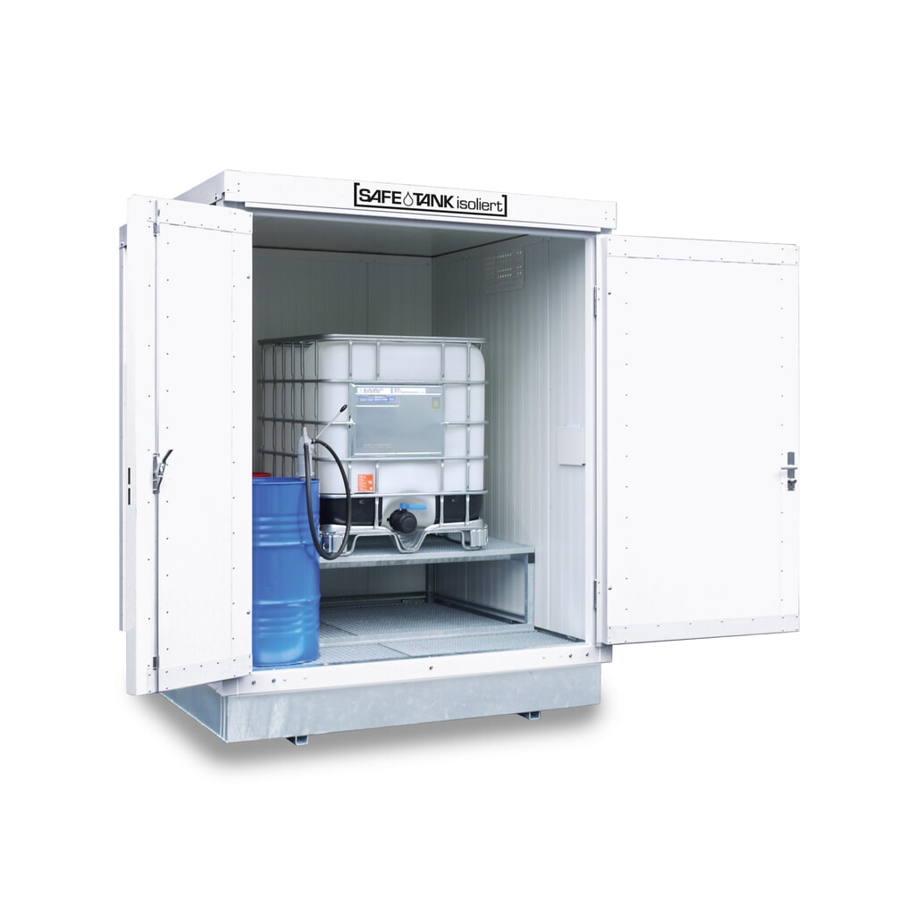 Produktabbildung: SAFE Tank Gefahrstoffcontainer 400 KTC WGK, isoliert, montiert, kunststoffbeschichtet RAL 9002, Masse aussen 2100x2170x2650 mm, Doppelflügeltür (asymmetrische Teilung), mittig in Stirnseite, Lagerfläche 4 m²