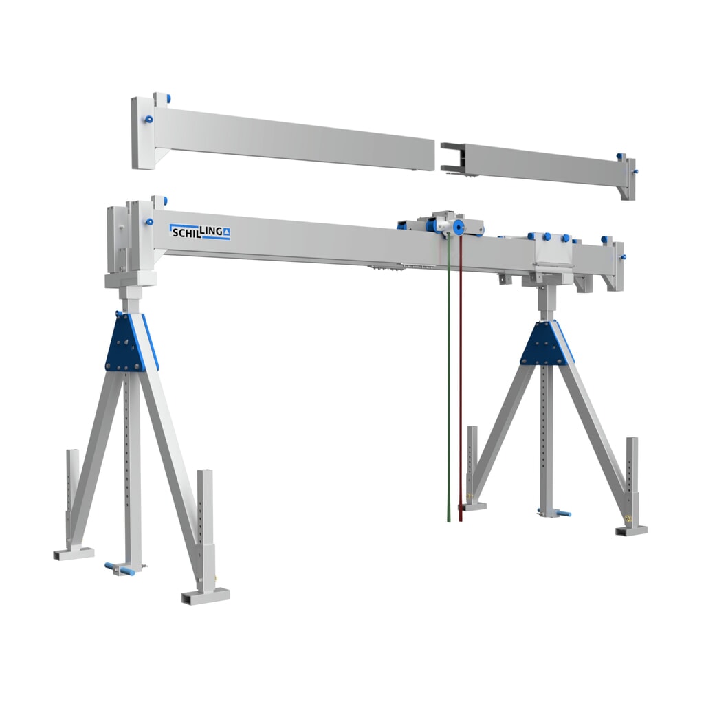 Produktabbildung: SCHILLING Alu-Portalkran mit teilbarem Doppelträger, Einhängepunkt 2787-4337 mm, Länge 6000 mm, TK 3000 kg
