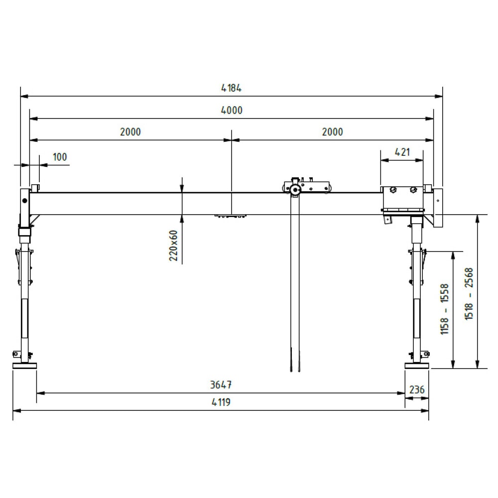 Produktabbildung Nr. 2: SCHILLING Alu-Portalkran mit teilbarem Doppelträger, Einhängepunkt 1834-2884 mm, Länge 4000 mm, TK 1000 kg