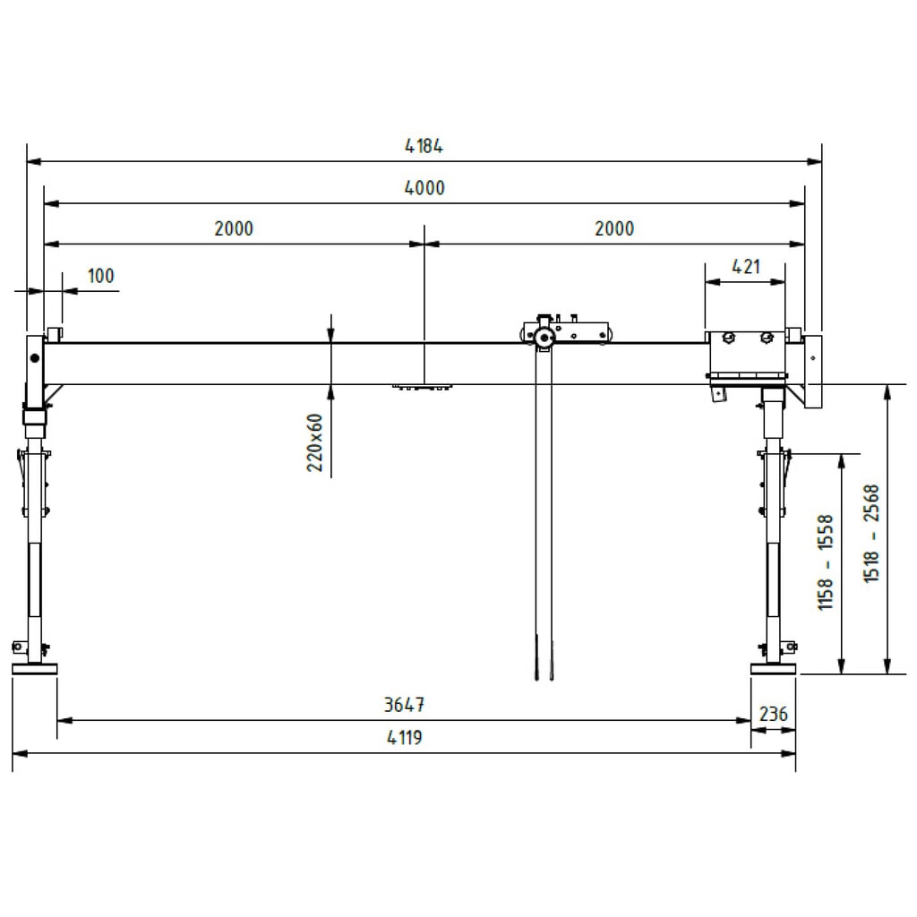 Produktabbildung Nr. 2: SCHILLING Alu-Portalkran mit teilbarem Doppelträger, Einhängepunkt 1834-2884 mm, Länge 4000 mm, TK 1500 kg