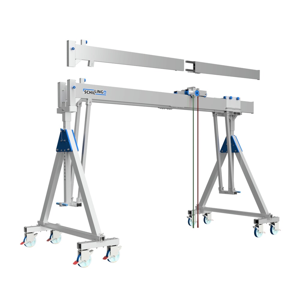 Produktabbildung: SCHILLING Alu-Portalkran mit teilbarem Doppelträger, verfahrbar, Einhängepunkt 2613-3363 mm, Länge 7000 mm, TK 1500 kg
