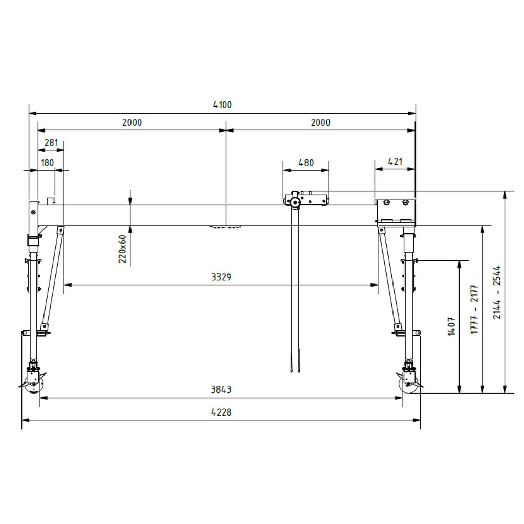 Produktabbildung Nr. 3: SCHILLING Alu-Portalkran mit teilbarem Doppelträger, verfahrbar, Einhängepunkt 2055-2405 mm, Länge 4000 mm, TK 1000 kg