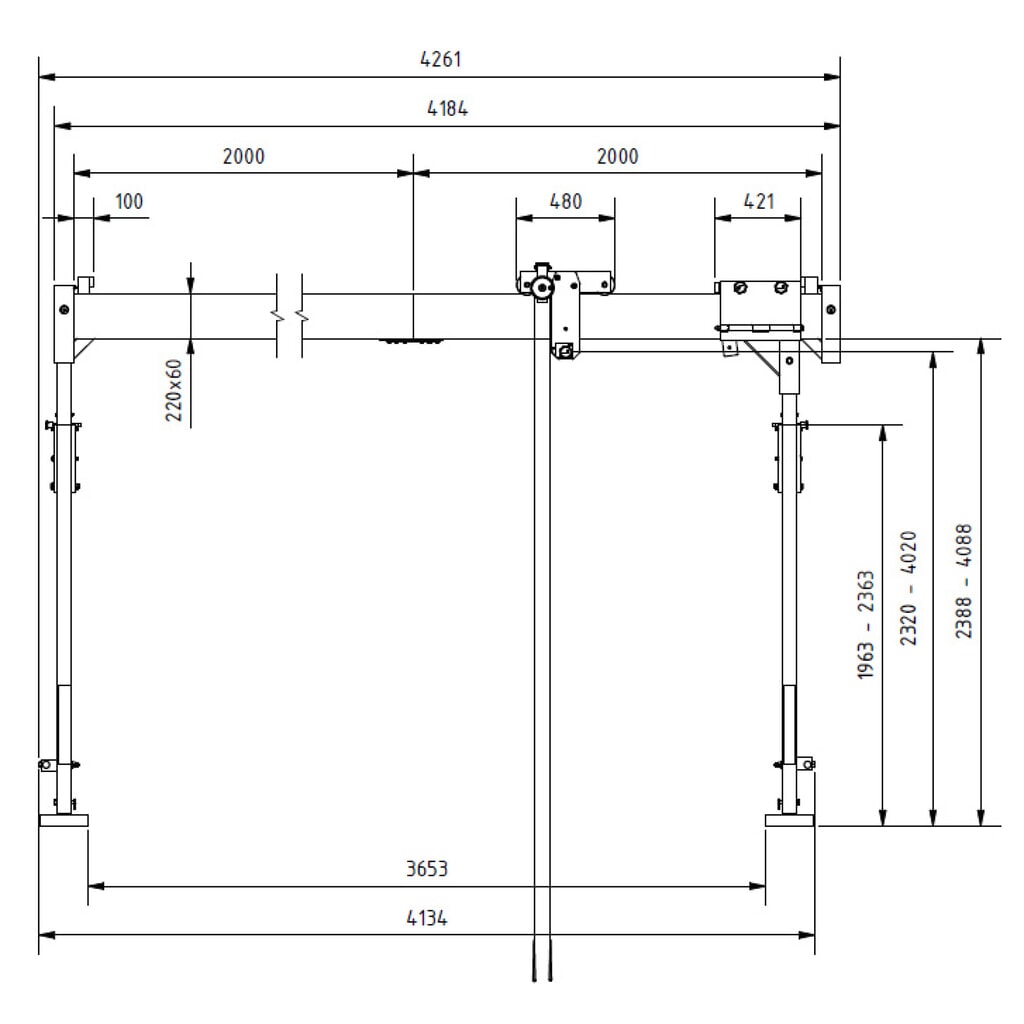 SCHILLING Alu-Portalkran mit teilbarem Träger, Einhängepunkt 2.310-4.010 mm, Länge 4.000 mm, TK 1.500 kg Produktabbildung Nr. 2: SCHILLING Alu-Portalkran mit teilbarem Träger, Einhängepunkt 2.310-4.010 mm, Länge 4.000 mm, TK 1.500 kg