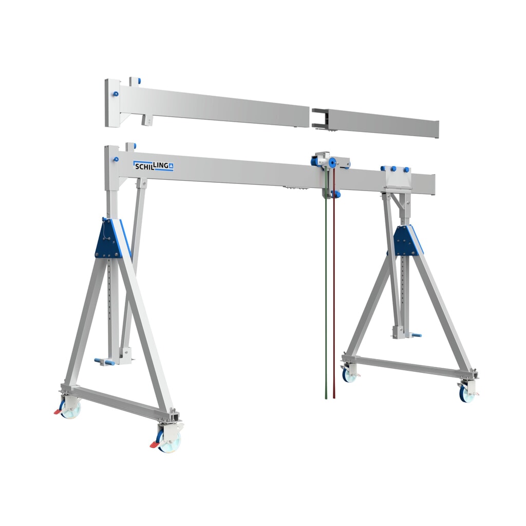 Produktabbildung: SCHILLING Alu-Portalkran mit teilbarem Träger, verfahrbar, Einhängepunkt 1.699-2.099 mm, Länge 4.000 mm, TK 1.000 kg