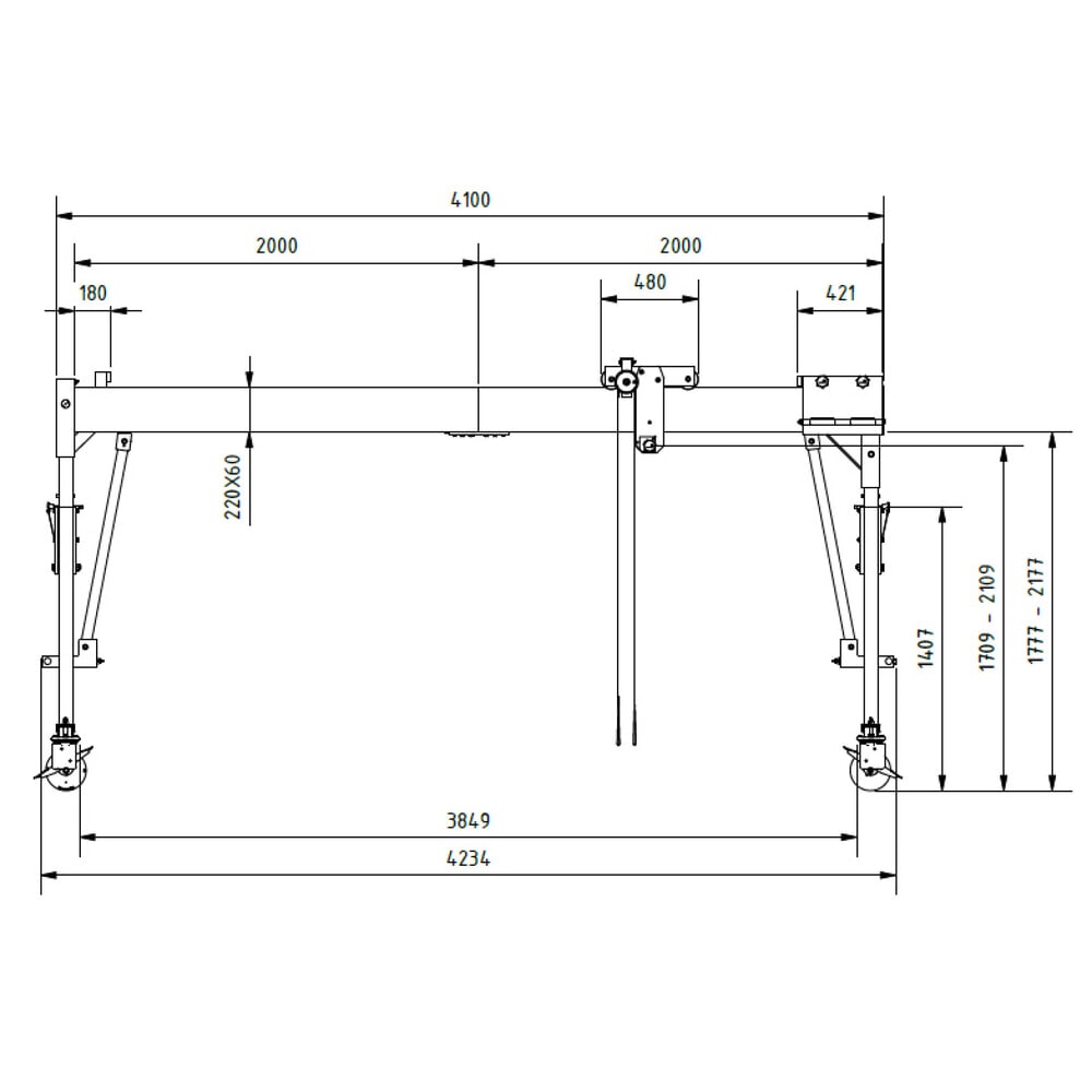 Produktabbildung Nr. 2: SCHILLING Alu-Portalkran mit teilbarem Träger, verfahrbar, Einhängepunkt 1.699-2.099 mm, Länge 4.000 mm, TK 1.500 kg