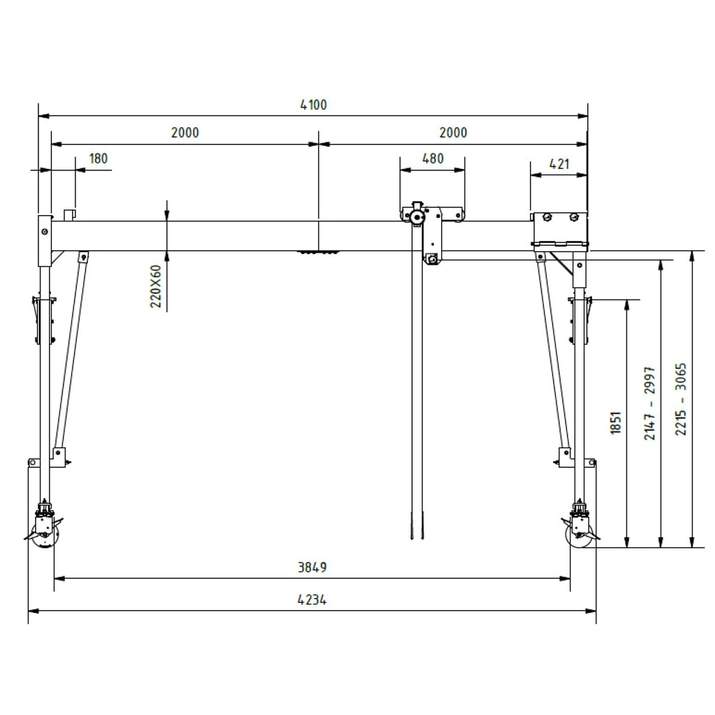 Produktabbildung Nr. 2: SCHILLING Alu-Portalkran mit teilbarem Träger, verfahrbar, Einhängepunkt 2.137-2.987 mm, Länge 4.000 mm, TK 1.000 kg