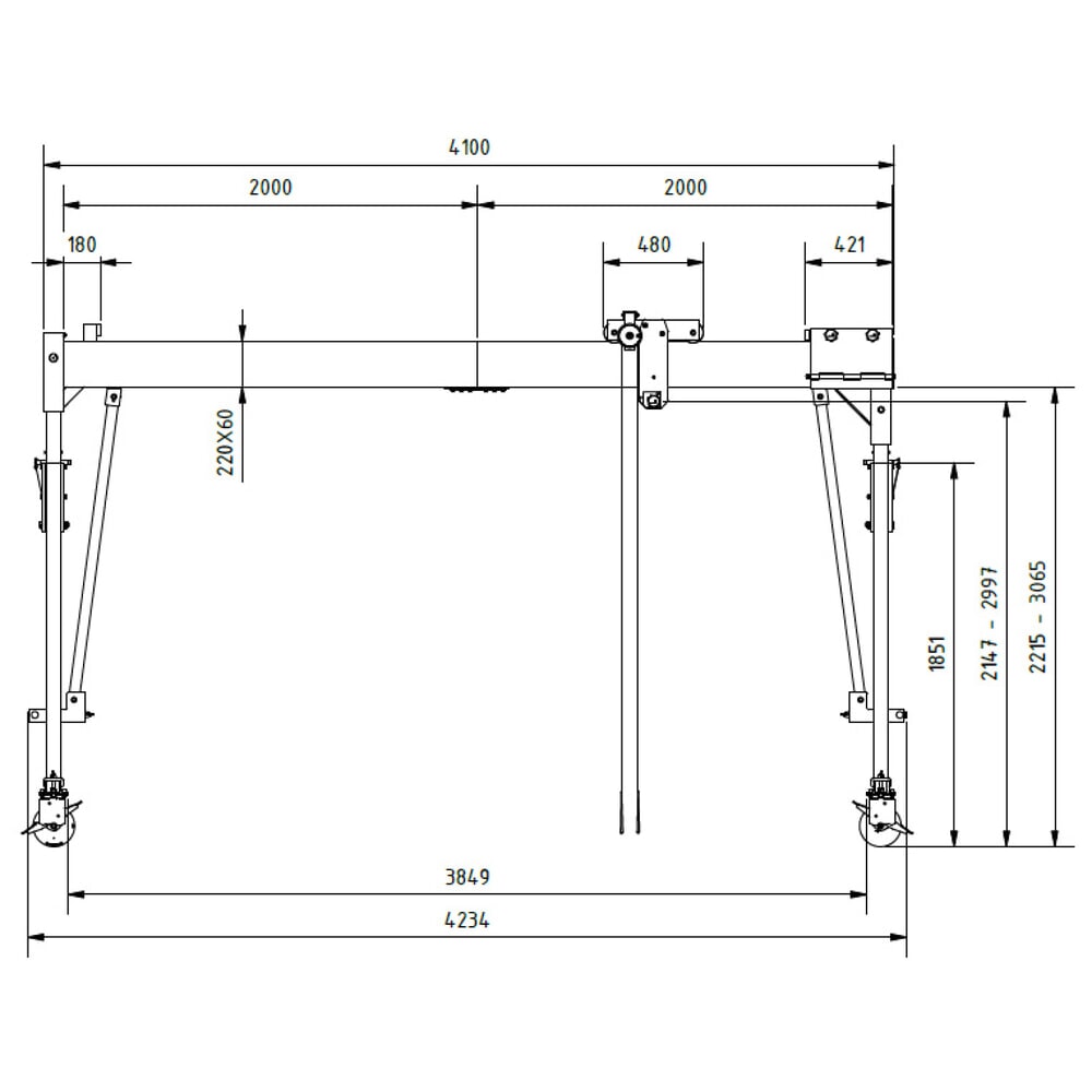 Produktabbildung Nr. 2: SCHILLING Alu-Portalkran mit teilbarem Träger, verfahrbar, Einhängepunkt 2.137-2.987 mm, Länge 4.000 mm, TK 1.500 kg