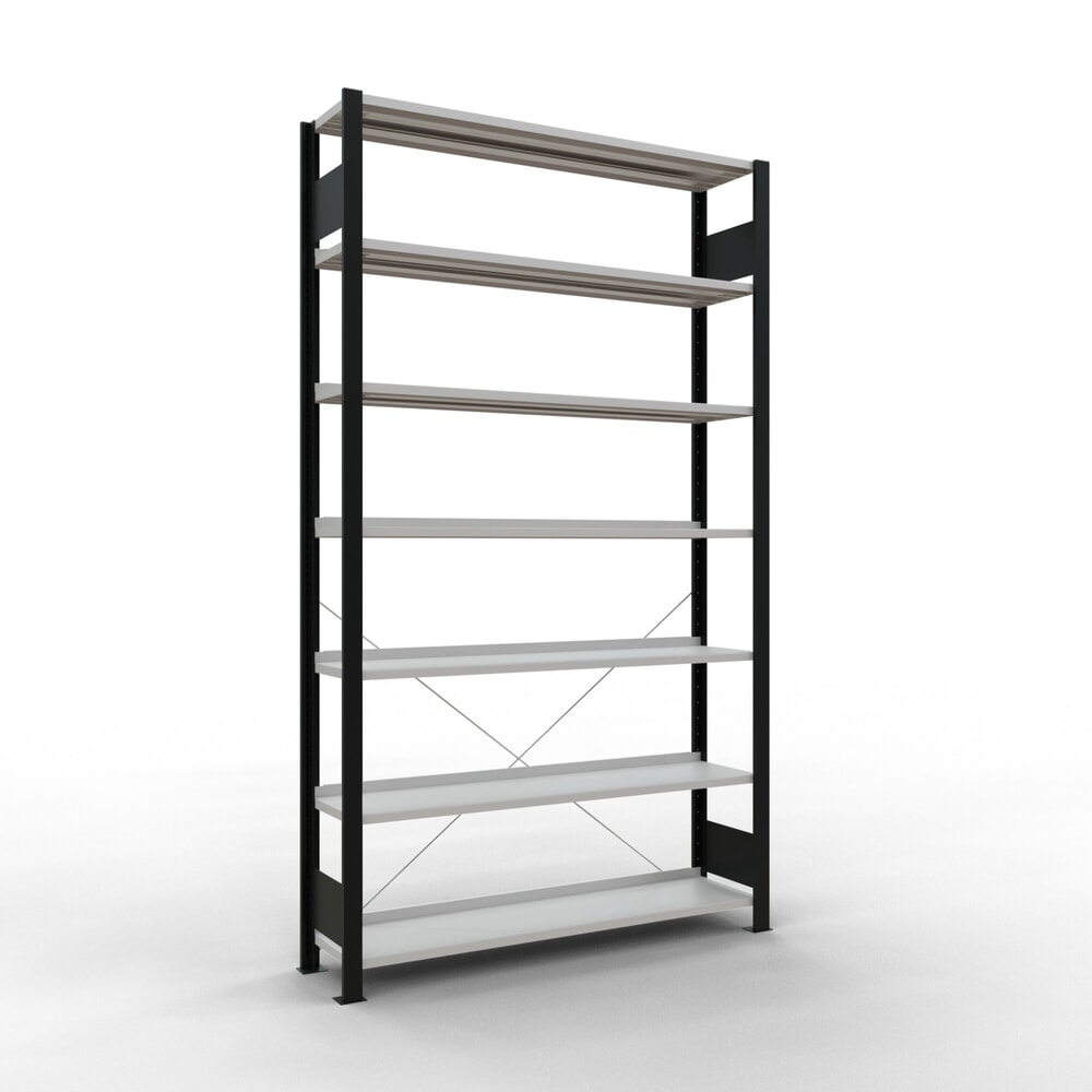 Produktabbildung: SCHULTE Aktenregal GF, einseitig, mit Endanschlägen, FL 85 kg, schwarz, HxBxT 2.300 x 1.300 x 300 mm