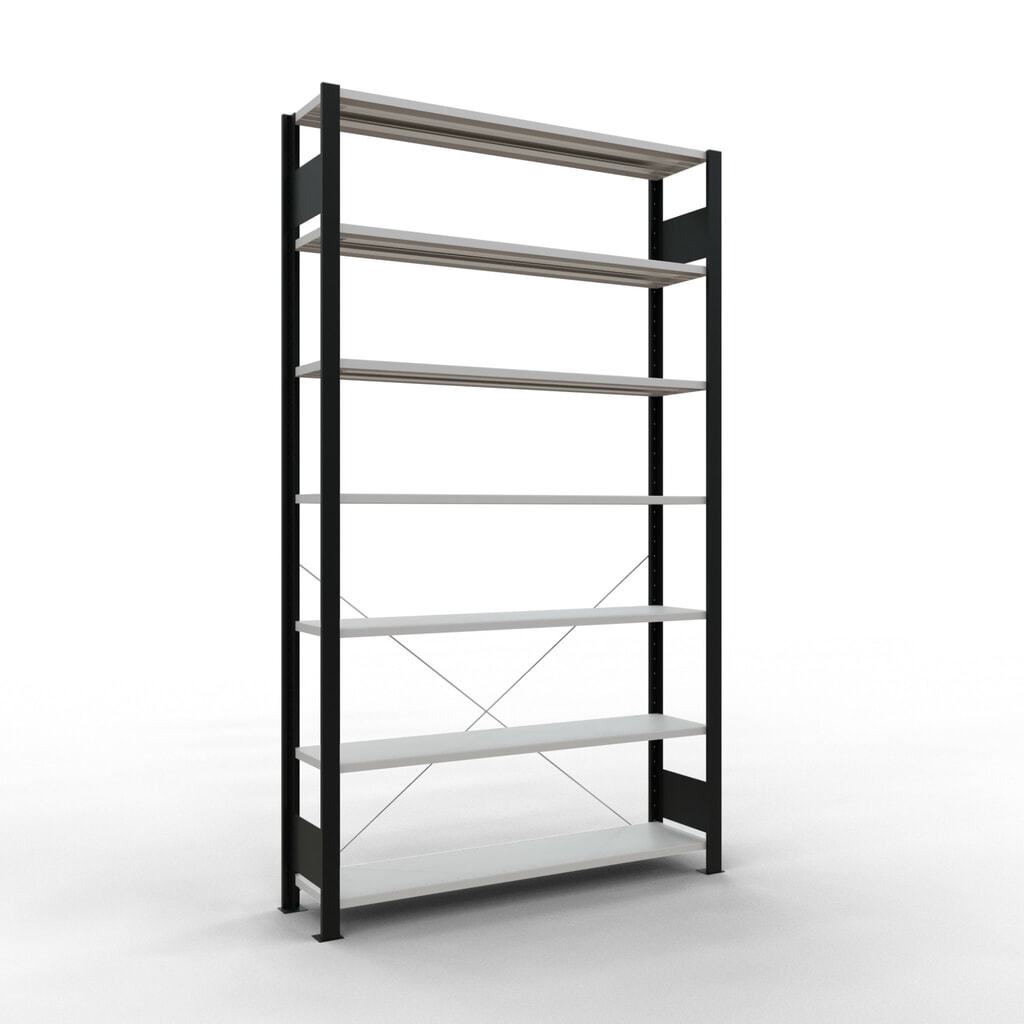 Produktabbildung: SCHULTE Aktenregal GF, einseitig, ohne Endanschläge, FL 85 kg, schwarz, HxBxT 2.300 x 1.300 x 300 mm