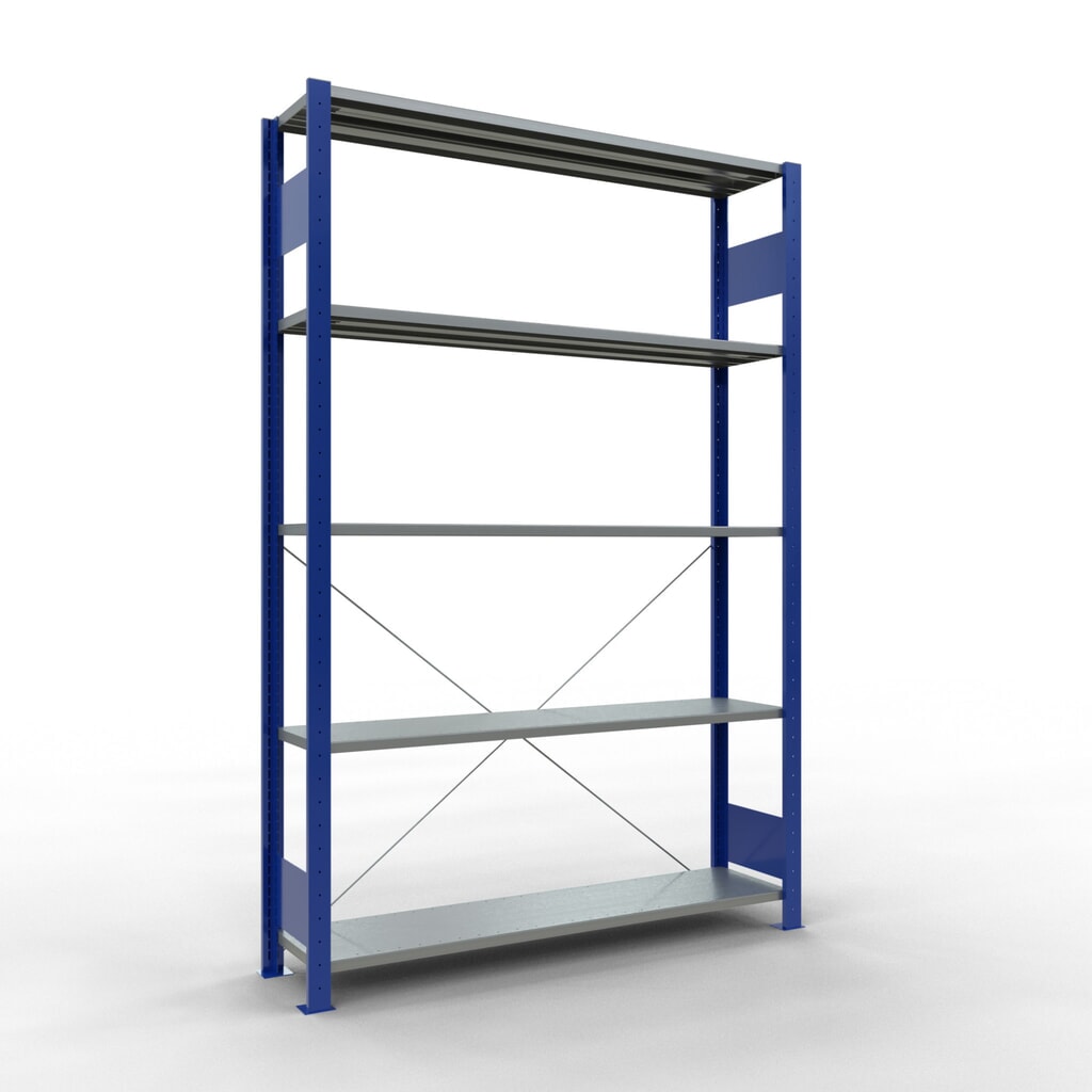 SCHULTE Fachbodenregal enzianblau/verzinkt mit 5 Stahlblechböden, Fachlast 150 kg, HxBxT 2.000 x 1.360 x 336 mm Produktabbildung: SCHULTE Fachbodenregal enzianblau/verzinkt mit 5 Stahlblechböden, Fachlast 150 kg, HxBxT 2.000 x 1.360 x 336 mm