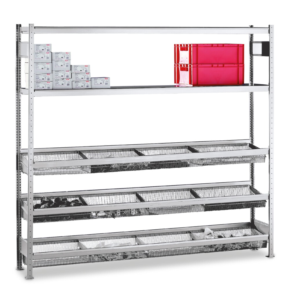 Produktabbildung: SCHULTE Fachbodenregal mit engmaschigen Körben, GF, HxBxT 2.500 x 2.000 x 400 mm, FL 400 kg