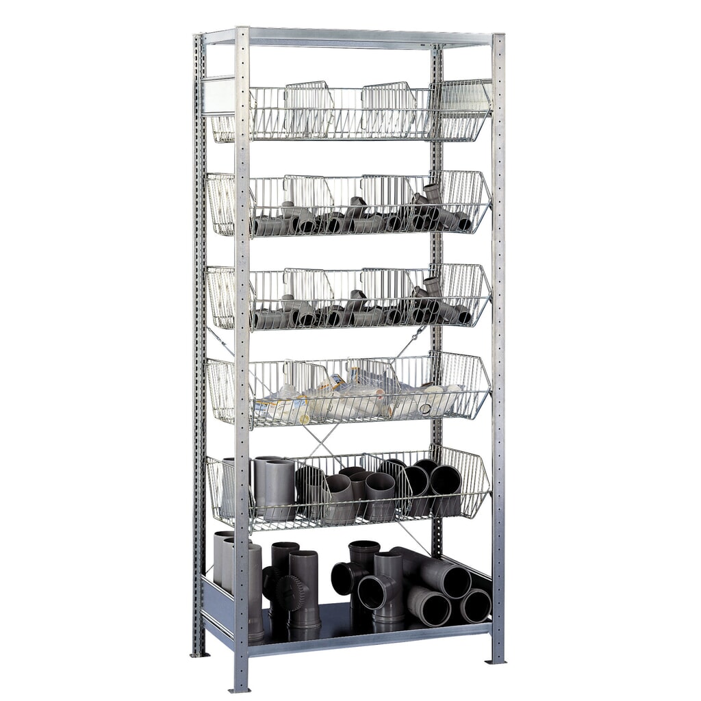 SCHULTE Fachbodenregal mit grobmaschigen Körben, GF, HxBxT 2.300 x 1.000 x 500 mm, FL 150 kg Produktabbildung: SCHULTE Fachbodenregal mit grobmaschigen Körben, GF, HxBxT 2.300 x 1.000 x 500 mm, FL 150 kg