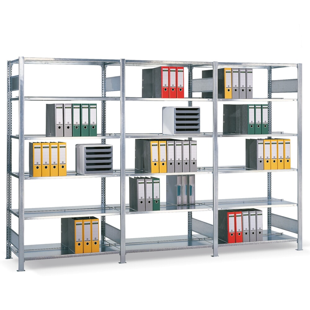 Produktabbildung: SCHULTE Komplettpaket Aktenregal, doppelseitig, Fachlast 150 kg, HxBxT 2.000 x 3.000 x 600 mm, verzinkt