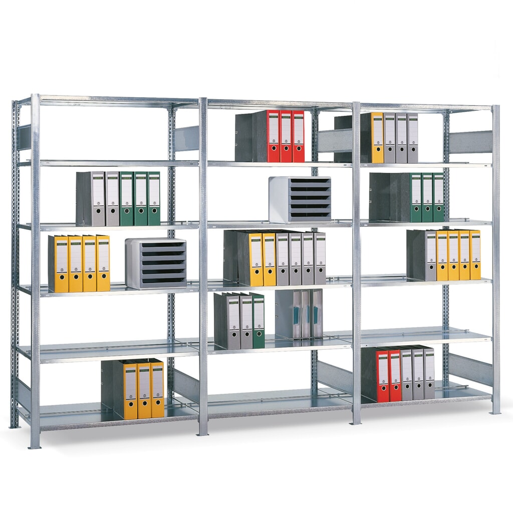 Produktabbildung: SCHULTE Komplettpaket Aktenregal, doppelseitig, Fachlast 150 kg, HxBxT 2.000 x 3.000 x 600 mm, verzinkt