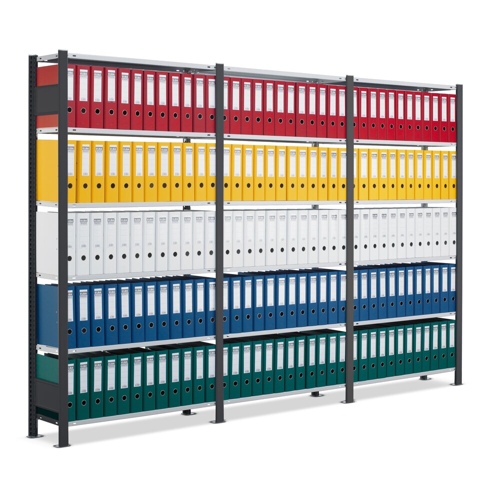 Produktabbildung: SCHULTE Komplettpaket Aktenregal, einseitig, Fachlast 85 kg, HxBxT 2.000 x 3.000 x 300 mm, schwarz