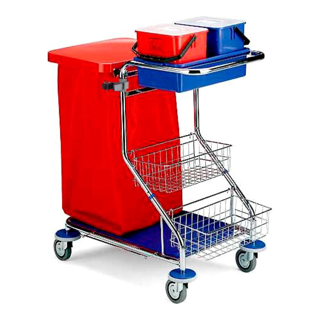 Servicewagen Chrom I, 2x 6 Liter, 2 Utensilienkörbe, Stielhalter, Halterahmen für 120-Liter-Abfallsack, Auffangschale Produktabbildung: Servicewagen Chrom I, 2x 6 Liter, 2 Utensilienkörbe, Stielhalter, Halterahmen für 120-Liter-Abfallsack, Auffangschale