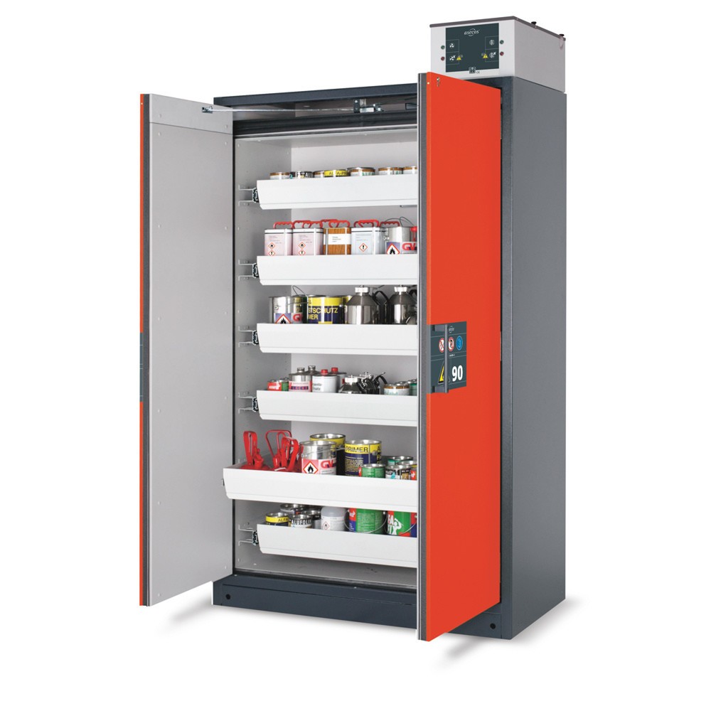 Produktabbildung: asecos® Brandschutzschrank Q-PEGASUS/Typ 90, 4 Auszugswannen, HxBxT 1.953 x 599 x 615 mm, verkehrsrot