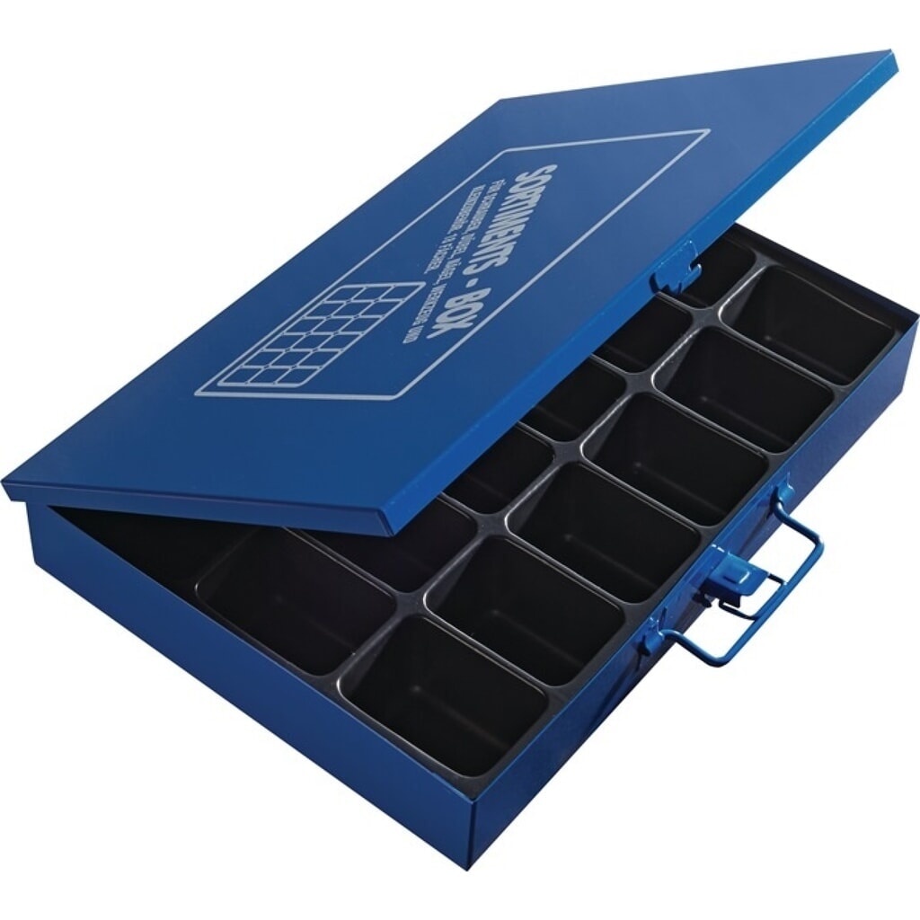 Sortimentskasten, 18 Fächer ohne Beschriftungsschild, B330xT240xH50mm, blau Produktabbildung: Sortimentskasten, 18 Fächer ohne Beschriftungsschild, B330xT240xH50mm, blau